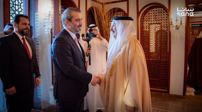 Bahrain's King, Hamad bin Isa Al Khalifa, receives Syrian Foreign Minister, Asaad Hassan al-Shaibani, in Manama. Photo: SANA